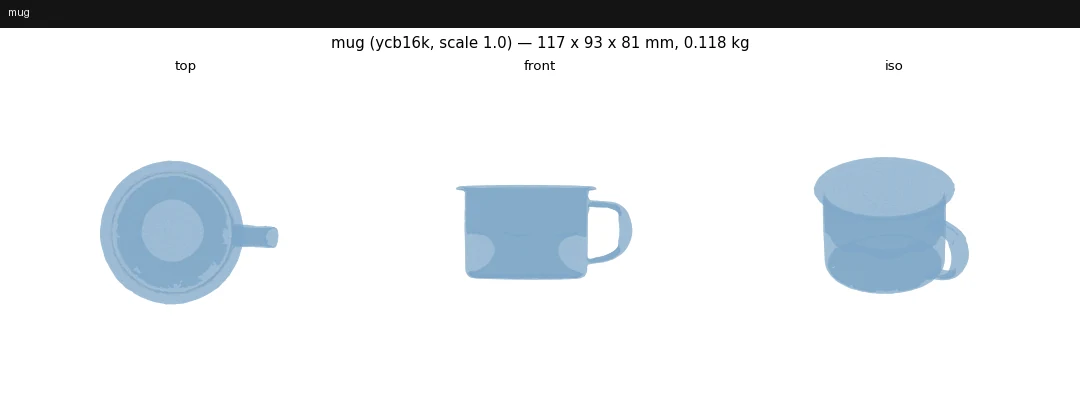One object-library entry: a mug shown from the top, front and an iso view, with its size in millimetres and its mass.