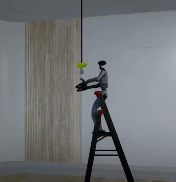 A simulated Unitree G1 humanoid standing on an A-frame ladder to reach a ceiling light fixture, and holding a light bulb beside the ladder.